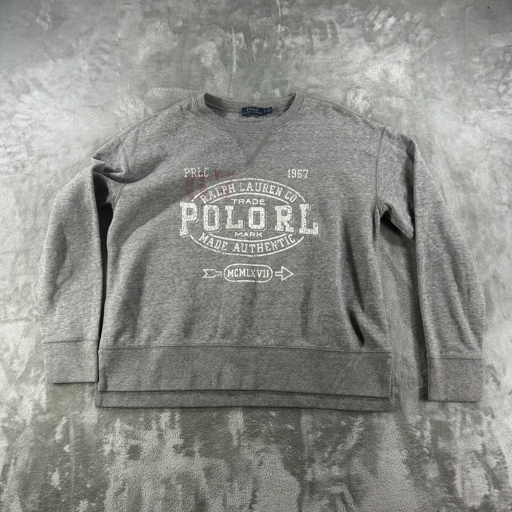 Polo Ralph Lauren Sweatshirt Mens Small Gray Fleece Crew Neck Graphic Pullover
